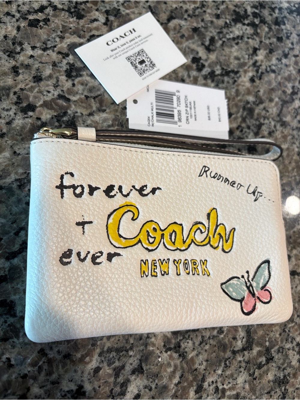 Coach White Leather Graphic Wristlet with Yellow Logo and Pastel Butterfly NWT